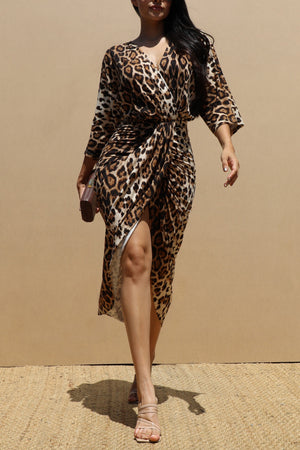 DD7760, LEOPARD RUCHED KNIT BODYCON DRESS