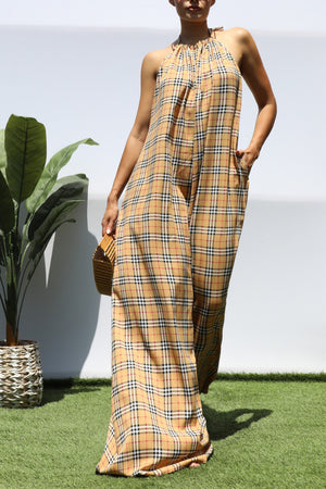 DD8388, PLAID HALTER NECK MAXI DRESS