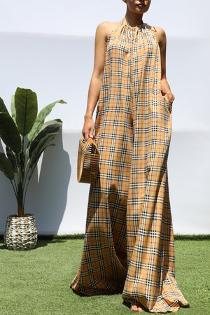 DD8388, PLAID HALTER NECK MAXI DRESS