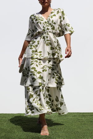 DD8277, PRINTED V NECK TIERED MIDI DRESSES