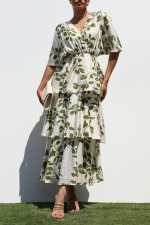 DD8277, PRINTED V NECK TIERED MIDI DRESSES