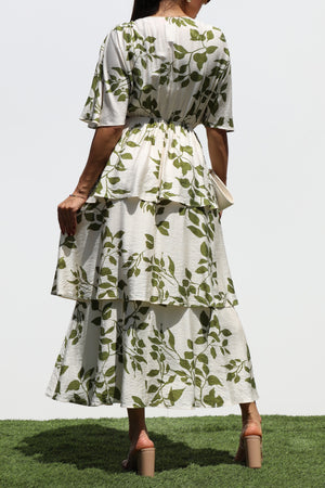 DD8277, PRINTED V NECK TIERED MIDI DRESSES