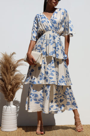 DD8277, PRINTED V NECK TIERED MIDI DRESSES