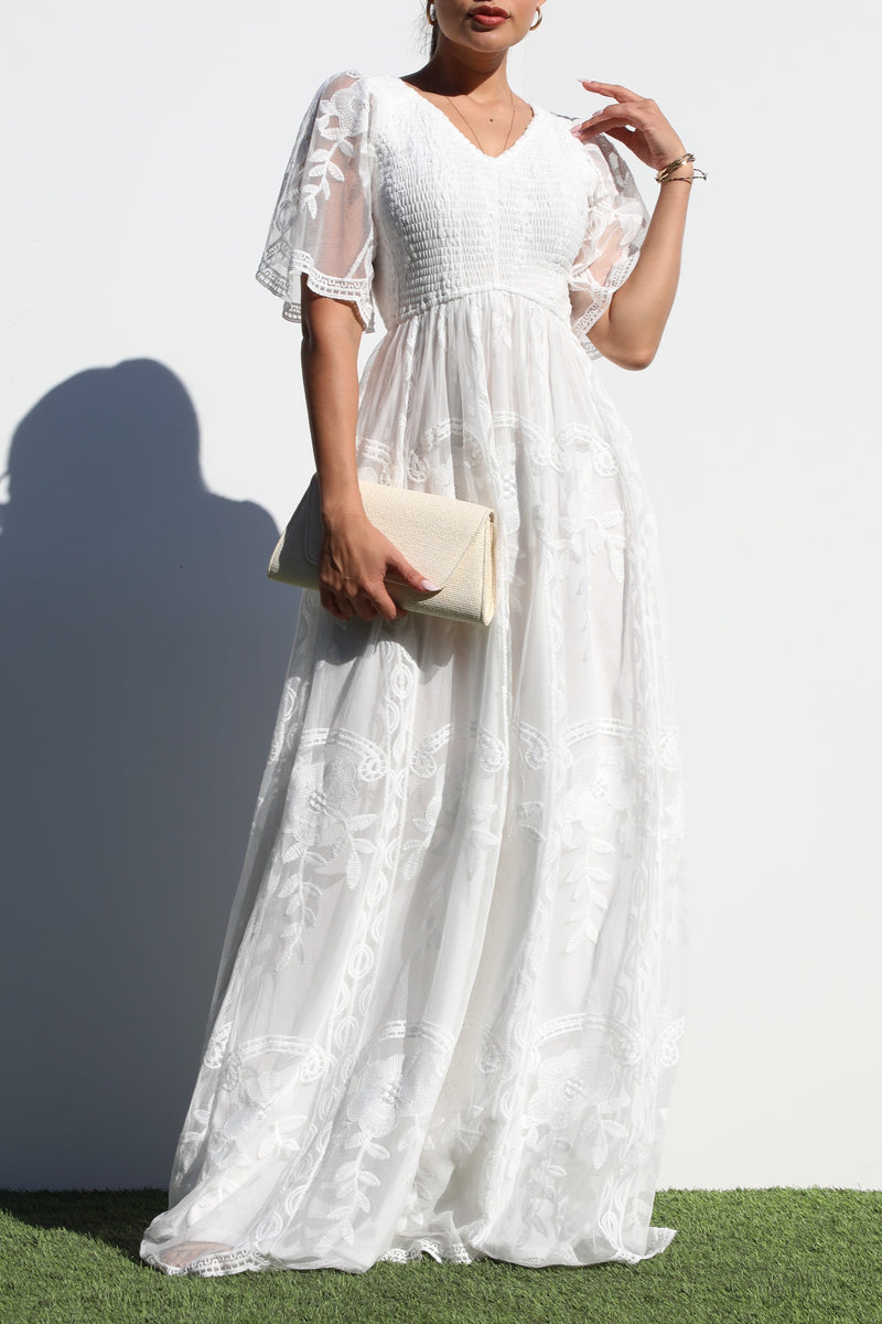 DD7022, SMOCKED TOP LACE MAXI DRESS