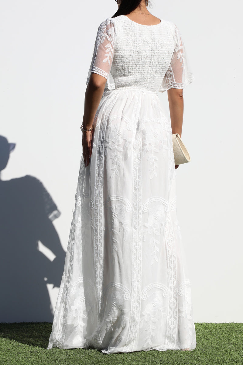 DD7022, SMOCKED TOP LACE MAXI DRESS