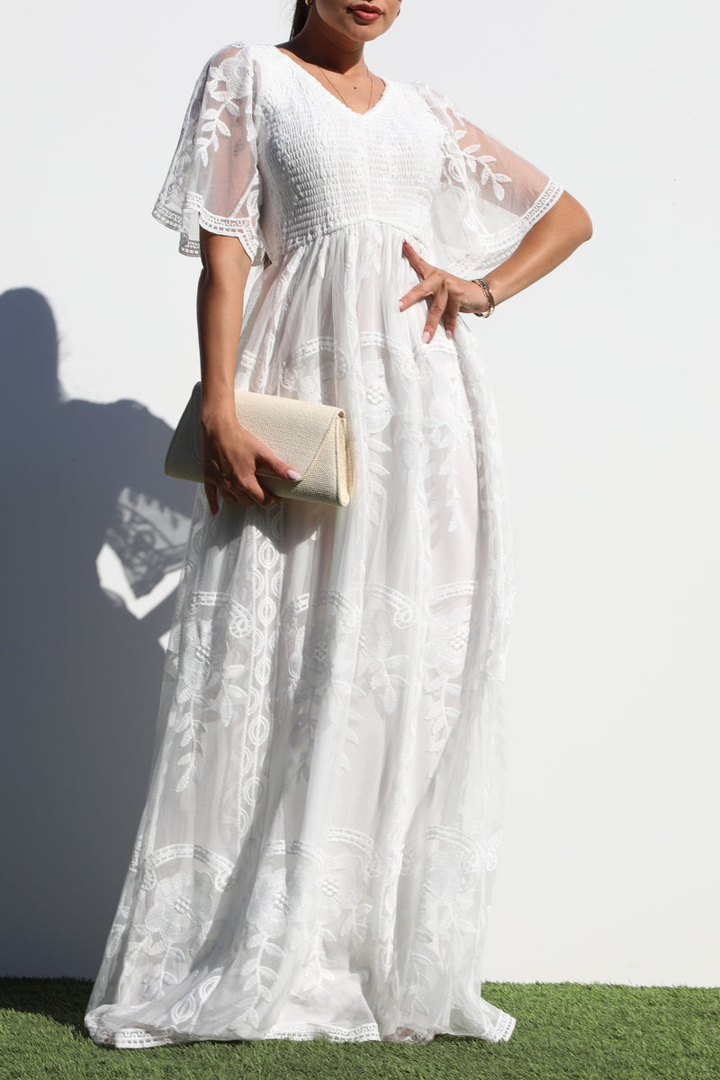 DD7022, SMOCKED TOP LACE MAXI DRESS