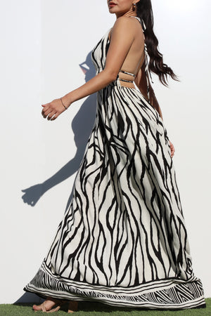DD8241, BORDER PRINTED DEEP V MAXI DRESS
