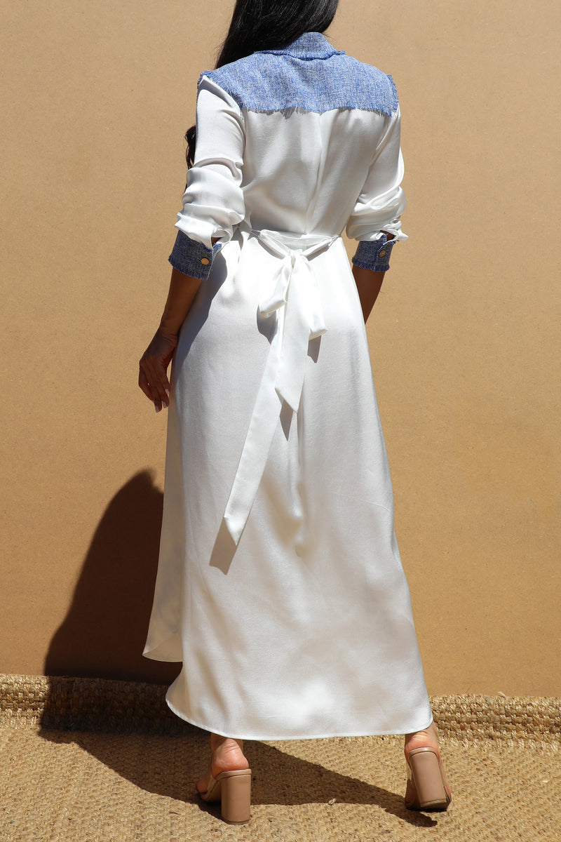 DD5141, BUTTON DOWN SATIN LONG DRESS