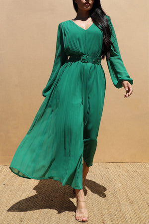 DD6281, PLEATED V NECK WOVEN JUMPSUIT