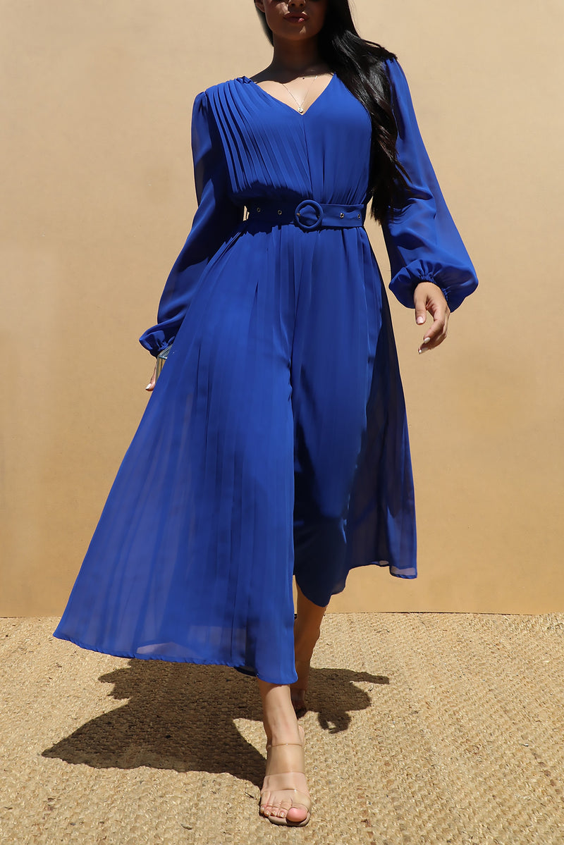 DD6281, PLEATED V NECK WOVEN JUMPSUIT