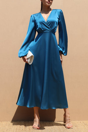 DD4655, V NECK SATIN SKATER MIDI DRESS