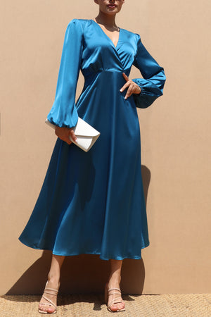 DD4655, V NECK SATIN SKATER MIDI DRESS
