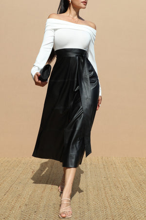 DD7702, OFF SHOULDER KNIT TOP MIDI DRESS