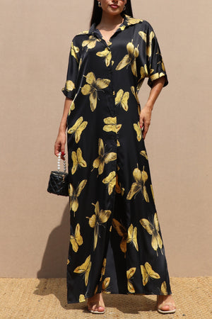 DD4791, PRINTED BUTTON DOWN SATIN SHIRT DRESS