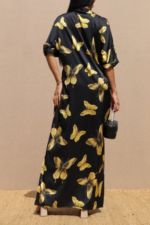 DD4791, PRINTED BUTTON DOWN SATIN SHIRT DRESS