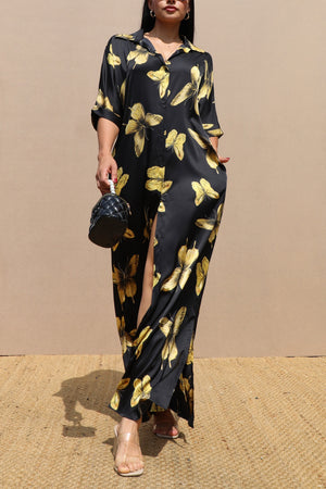 DD4791, PRINTED BUTTON DOWN SATIN SHIRT DRESS