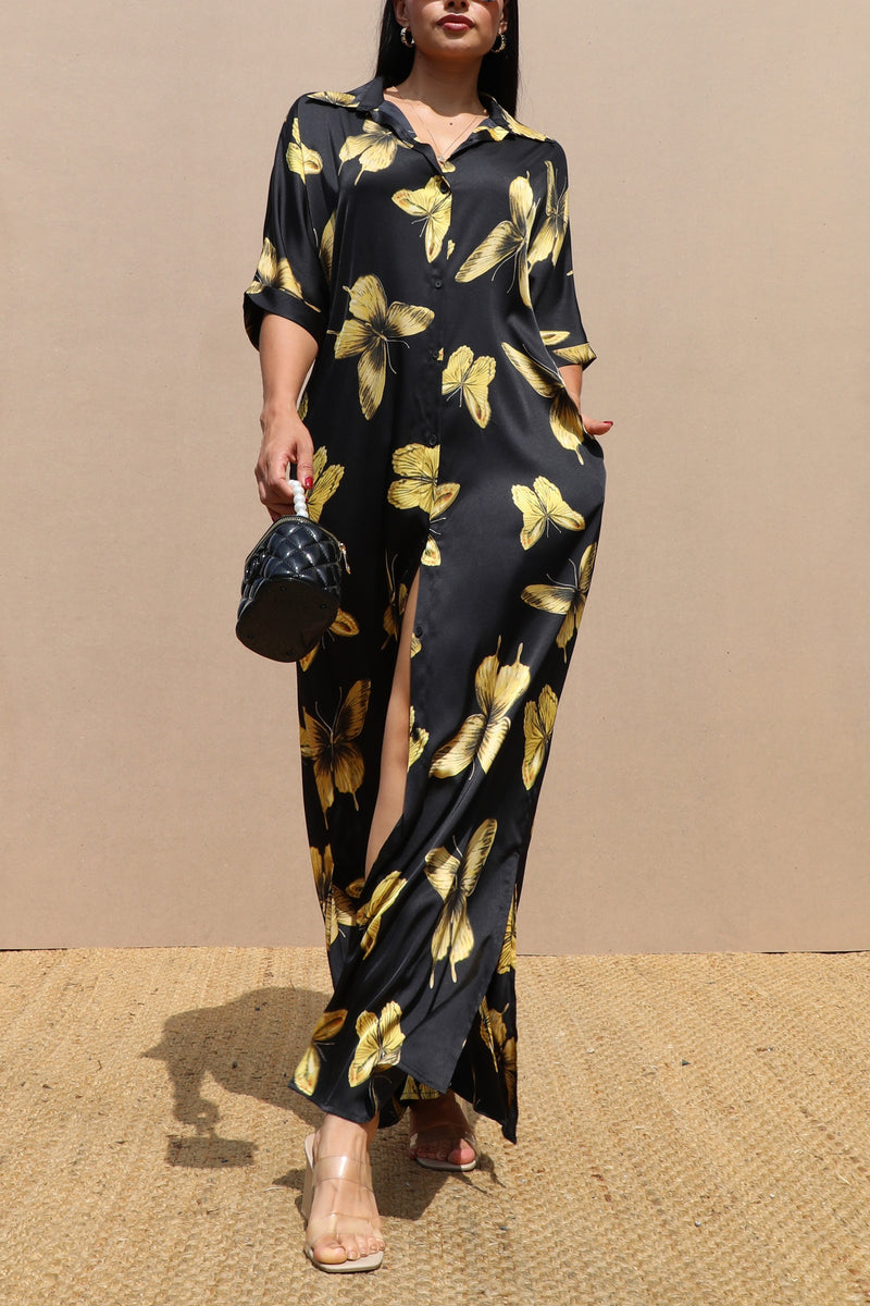 DD4791, PRINTED BUTTON DOWN SATIN SHIRT DRESS