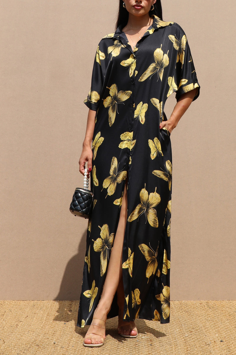 DD4791, PRINTED BUTTON DOWN SATIN SHIRT DRESS