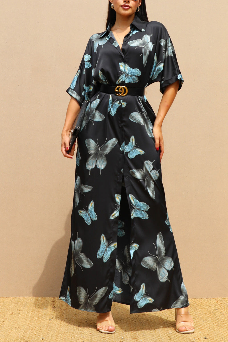 DD4791, PRINTED BUTTON DOWN SATIN SHIRT DRESS