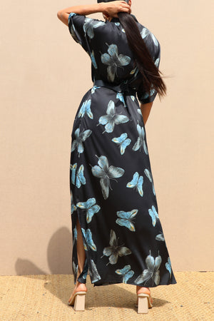 DD4791, PRINTED BUTTON DOWN SATIN SHIRT DRESS