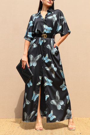 DD4791, PRINTED BUTTON DOWN SATIN SHIRT DRESS