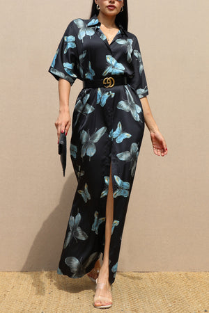 DD4791, PRINTED BUTTON DOWN SATIN SHIRT DRESS