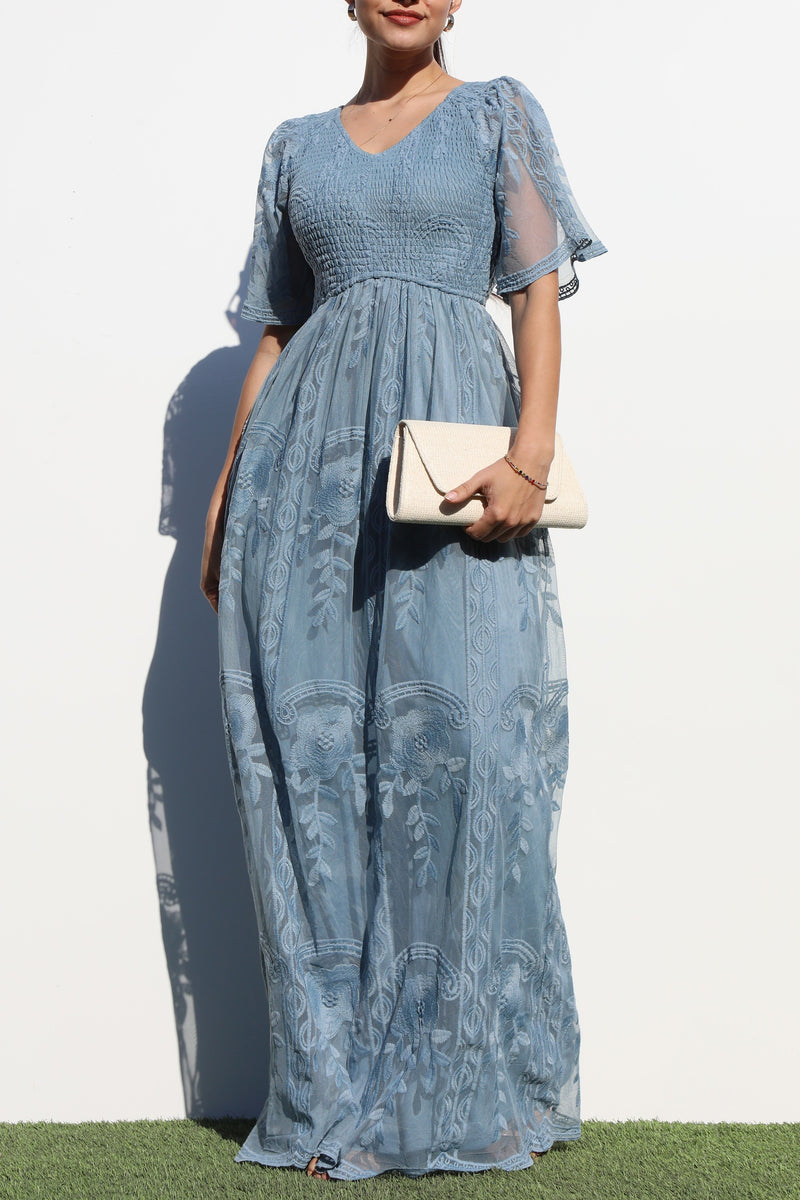 DD7022, SMOCKED TOP LACE MAXI DRESS