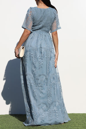 DD7022, SMOCKED TOP LACE MAXI DRESS
