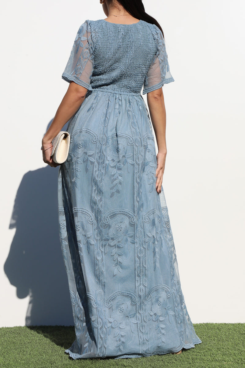 DD7022, SMOCKED TOP LACE MAXI DRESS