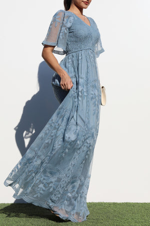 DD7022, SMOCKED TOP LACE MAXI DRESS