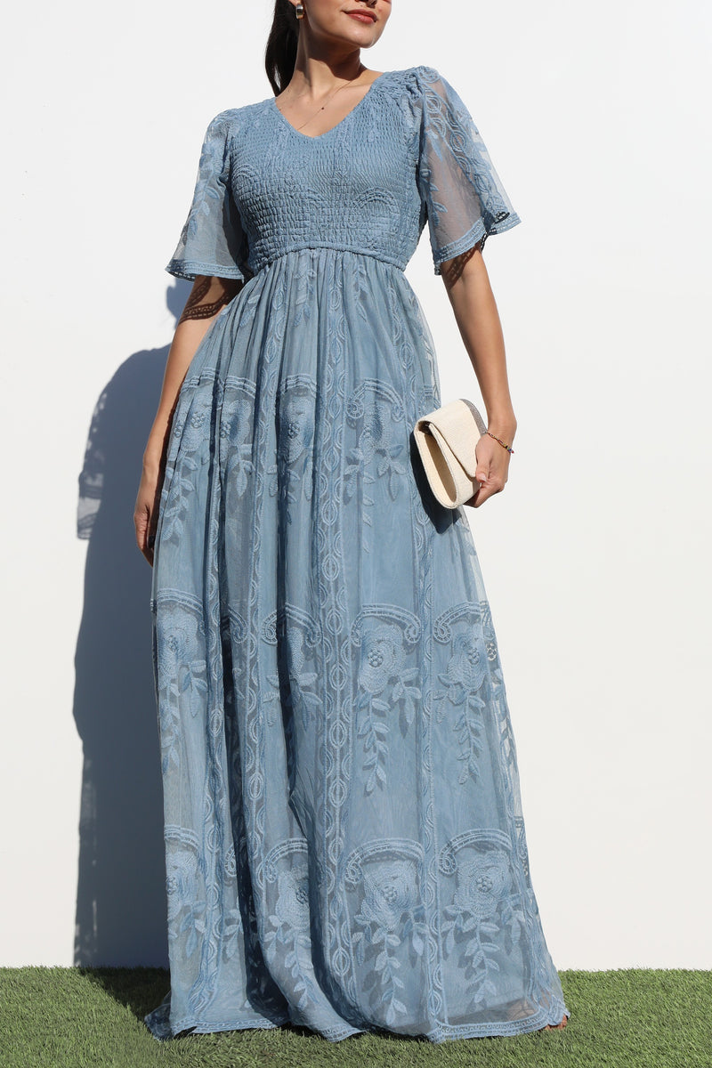 DD7022, SMOCKED TOP LACE MAXI DRESS