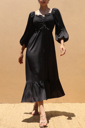 DD7451, SMOCKED TOP SATIN MIDI DRESSES