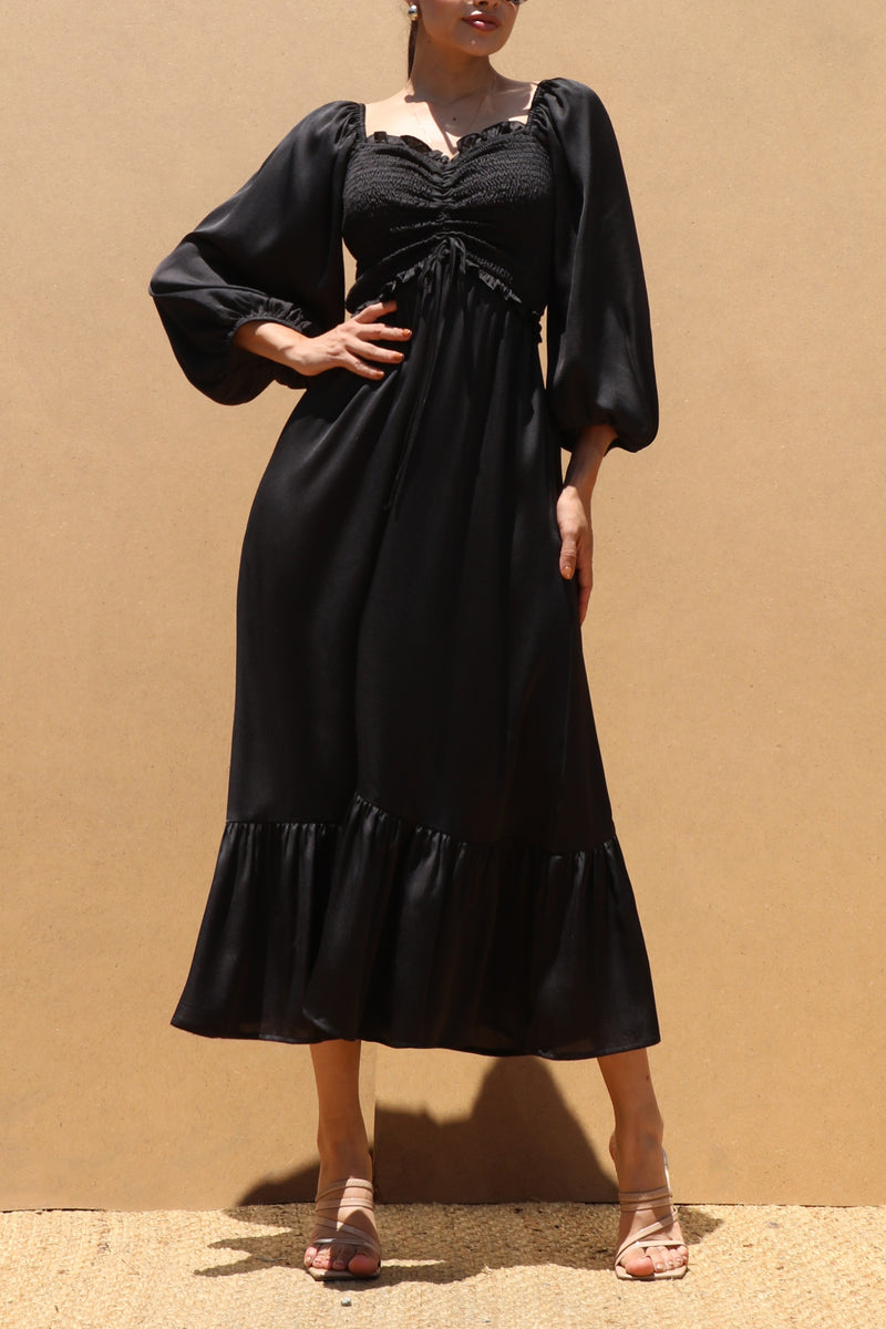 DD7451, SMOCKED TOP SATIN MIDI DRESSES