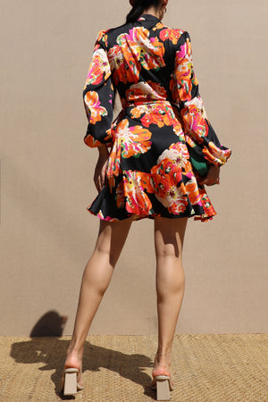 DD6512, PRINTED WRAP SATIN MINI DRESS