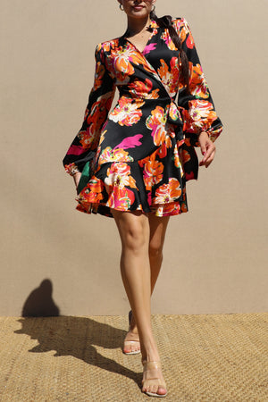 DD6512, PRINTED WRAP SATIN MINI DRESS
