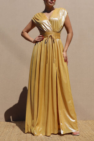DD5124, METALLIC V NECK MAXI DRESS