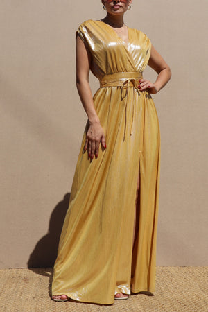DD5124, METALLIC V NECK MAXI DRESS