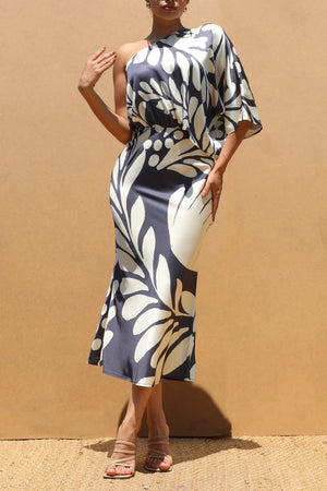 DD7522, PRINTED ONE SHOULDER SATIN MIDI DRESS