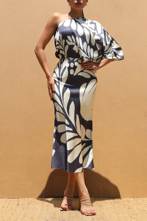 DD7522, PRINTED ONE SHOULDER SATIN MIDI DRESS