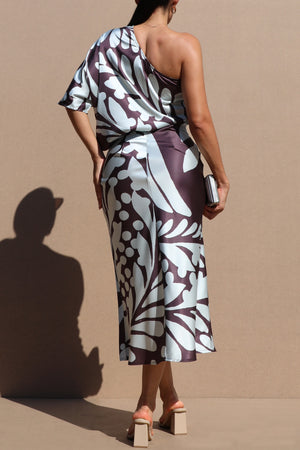 DD7522, PRINTED ONE SHOULDER SATIN MIDI DRESS