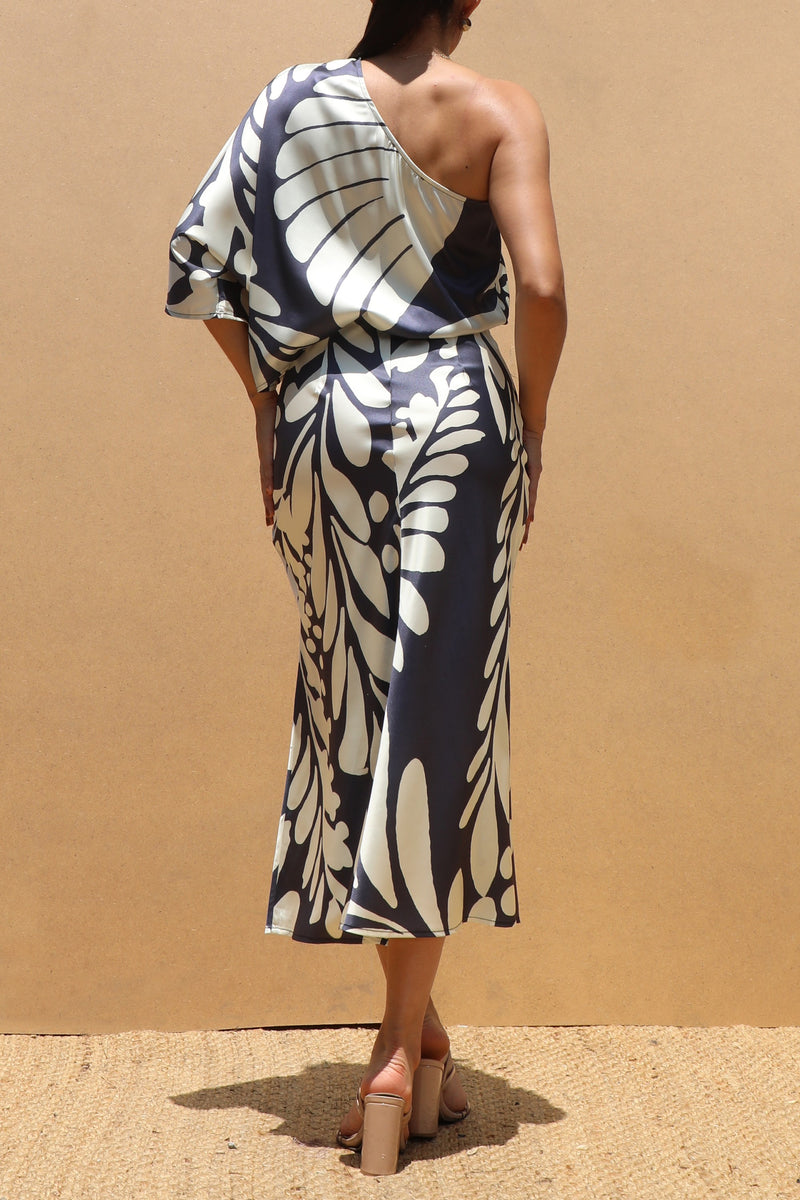DD7522, PRINTED ONE SHOULDER SATIN MIDI DRESS