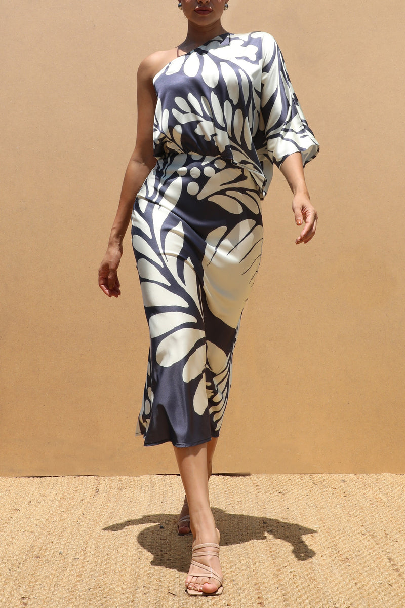 DD7522, PRINTED ONE SHOULDER SATIN MIDI DRESS
