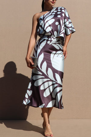 DD7522, PRINTED ONE SHOULDER SATIN MIDI DRESS