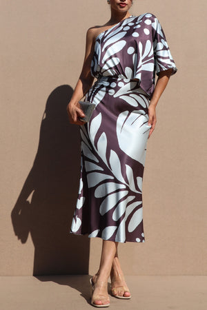 DD7522, PRINTED ONE SHOULDER SATIN MIDI DRESS