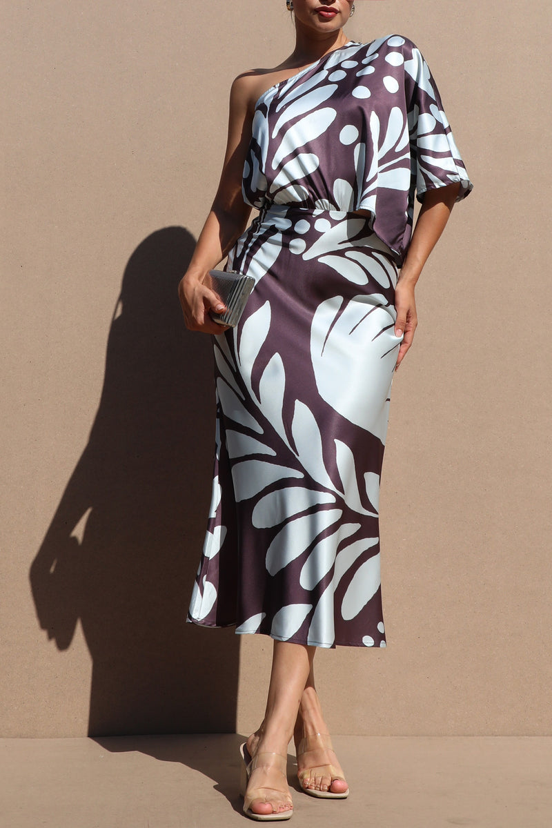 DD7522, PRINTED ONE SHOULDER SATIN MIDI DRESS