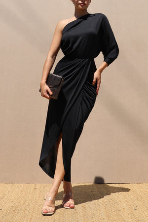 DD7562, ONE SHOULDER KNIT RUCHED BODYCON DRESS