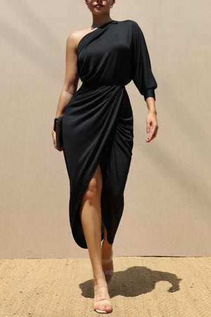 DD7562, ONE SHOULDER KNIT RUCHED BODYCON DRESS
