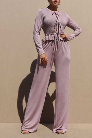 DD7621, SMOCKED TOP AND PANTS KNIT SET