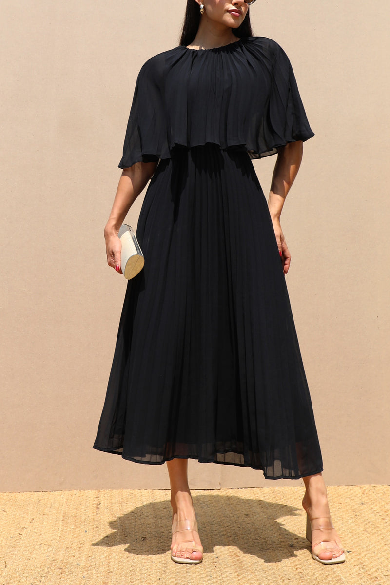 DD7533, CAPE PLEATED WOVEN MIDI DRESS