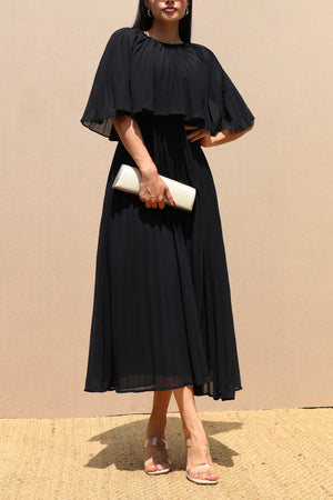 DD7533, CAPE PLEATED WOVEN MIDI DRESS